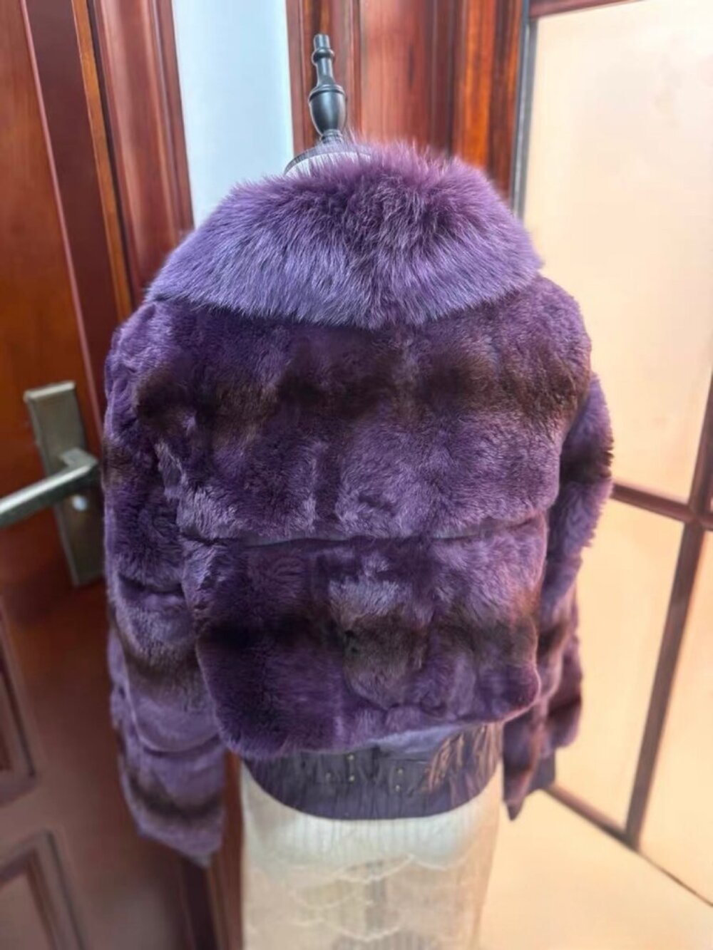 Purple fur moto jacket, cropped & plush — XL